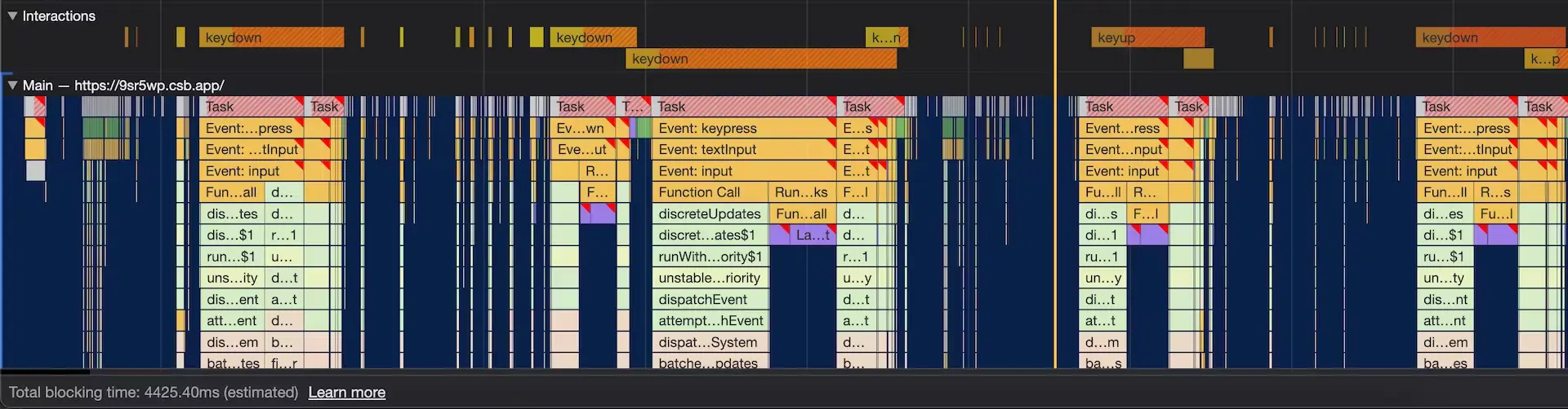 A screenshot of a browser performance tab for long tasks