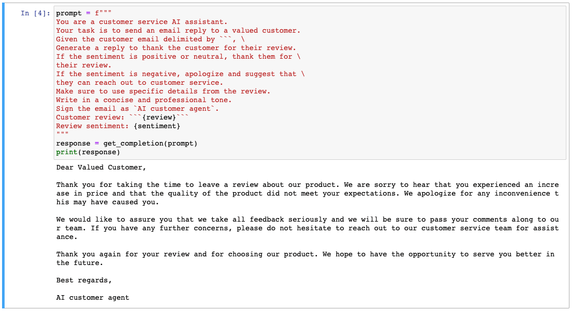 Screenshot of a result for replying a review as AI assistent