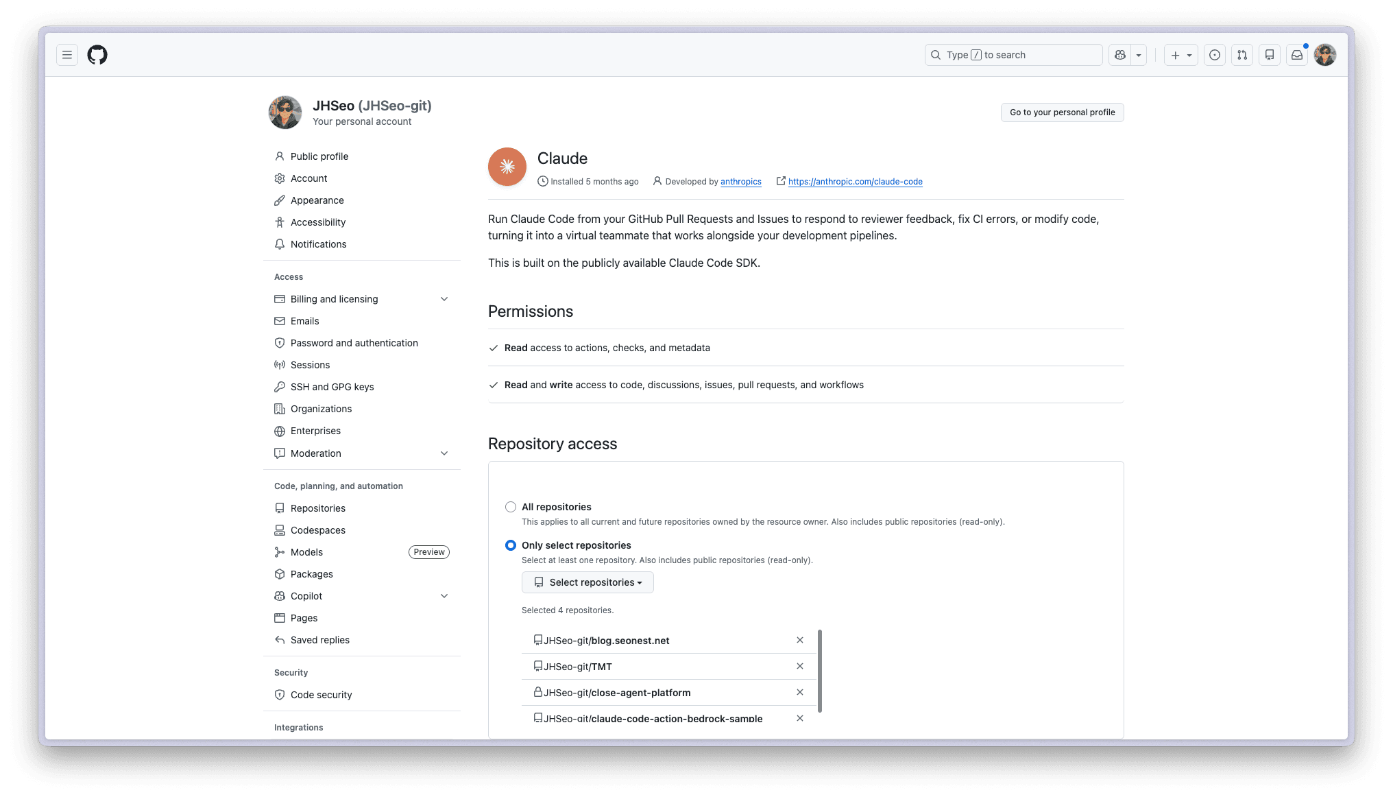 Select repository in Claude GitHub App